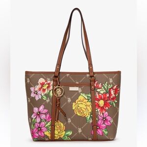 NWT RARE U.S. Polo Assn. Floral Tote Bag - Brown with Pink and Yellow flowers 🌺